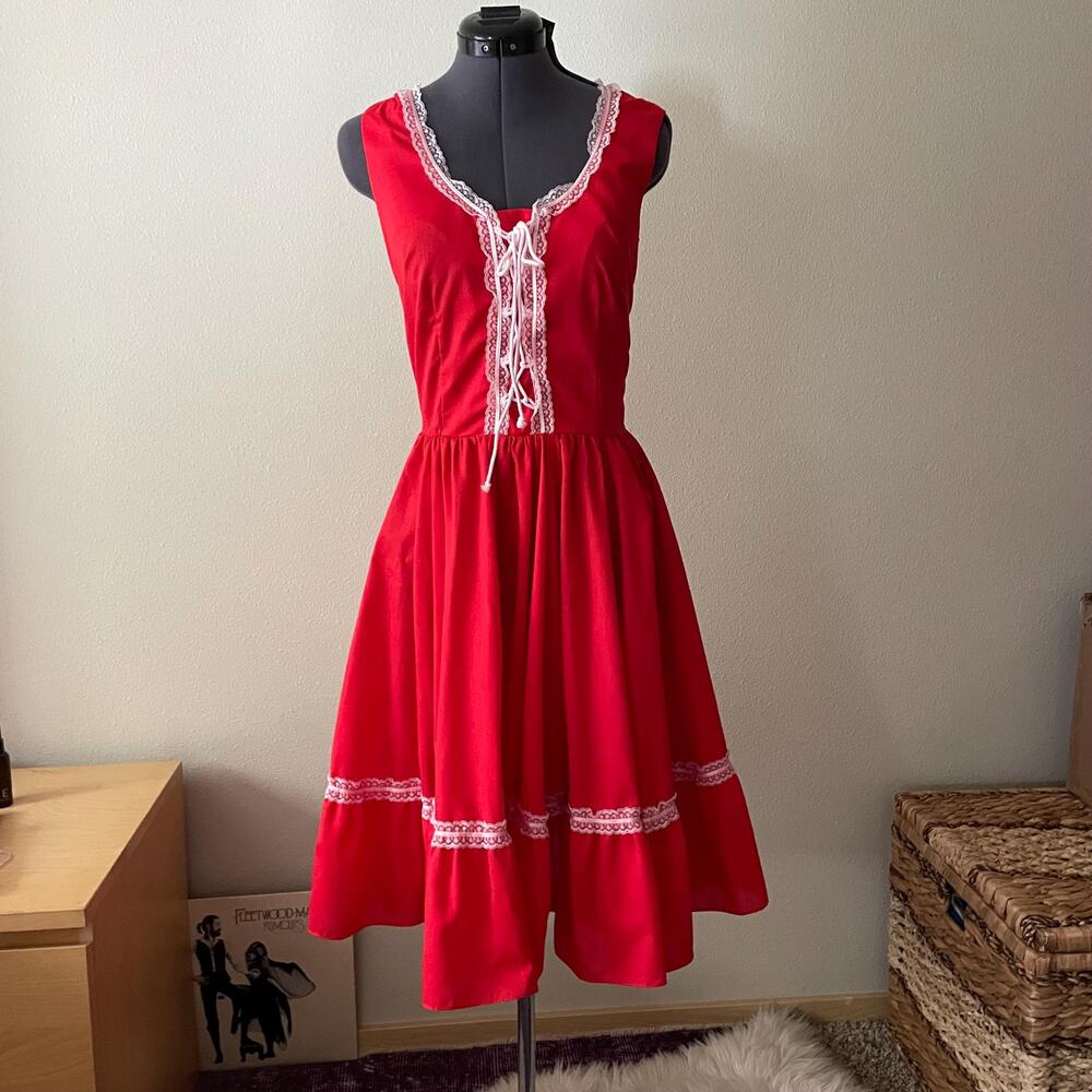 70's vtg red prairie cottage core dress lace up milkmaid square dancing Jeri Bee - Picture 3 of 11